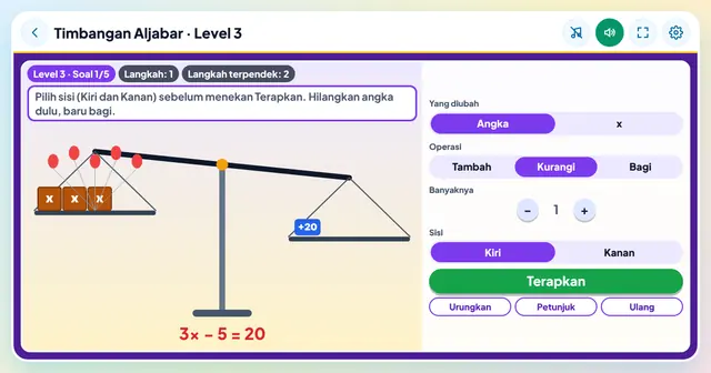 Cuplikan layar game Timbangan Aljabar
